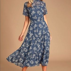 Dusty Blue Floral Print Midi Dress